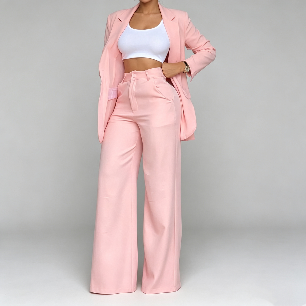 Conjunto de Blazer Entallado y Pantalones de Pierna Ancha