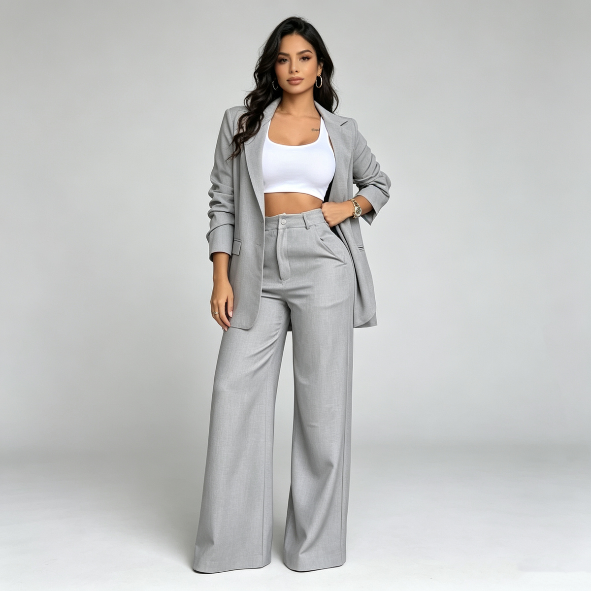 Conjunto de Blazer Entallado y Pantalones de Pierna Ancha