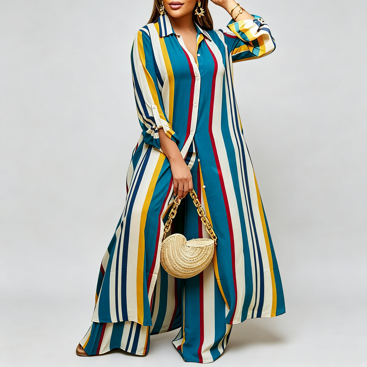 Conjunto de Camisa a Rayas y Pantalones de Pierna Ancha