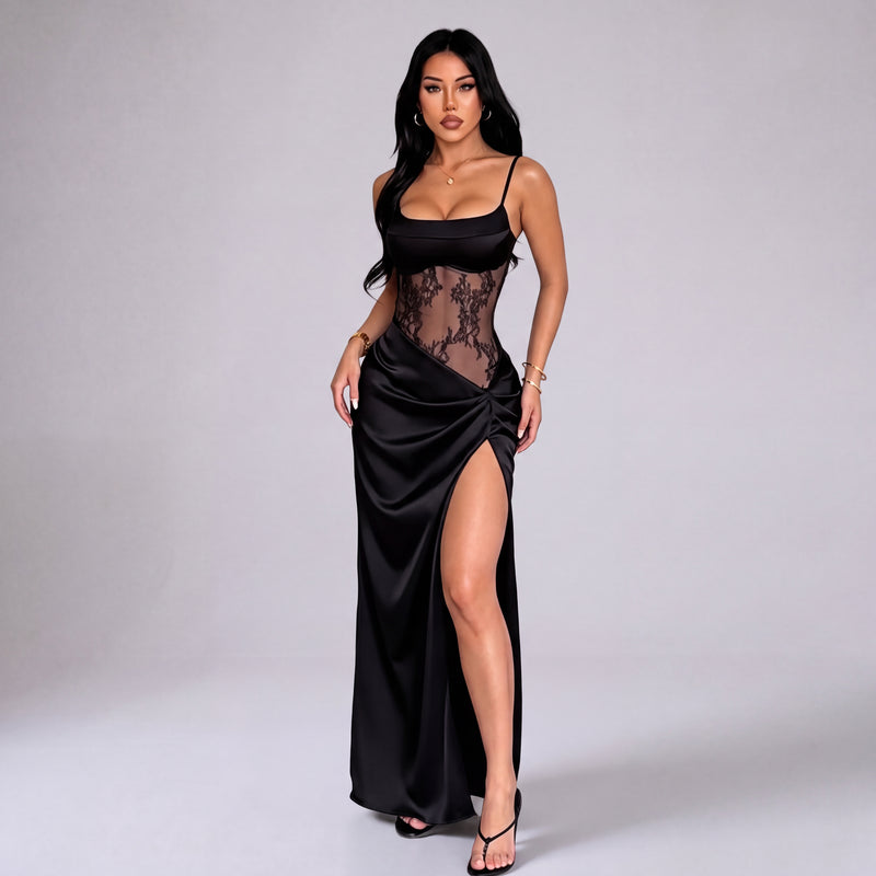 Vestido Largo con Abertura Alta y Efecto Transparencias de Encaje