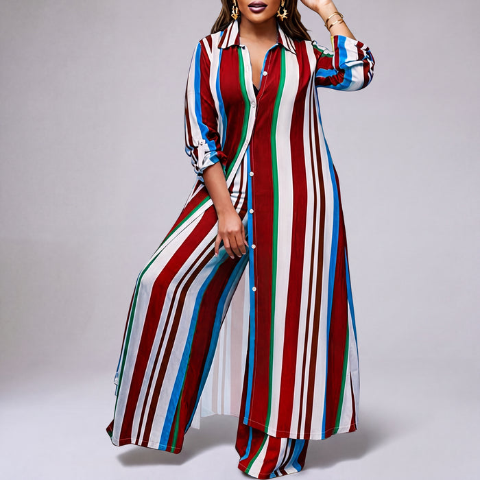 Conjunto de Camisa a Rayas y Pantalones de Pierna Ancha